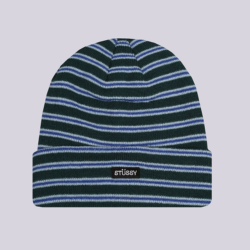  зеленая шапка Stussy Striped FA18 Cuff Beanie 132897-green - цена, описание, фото 1